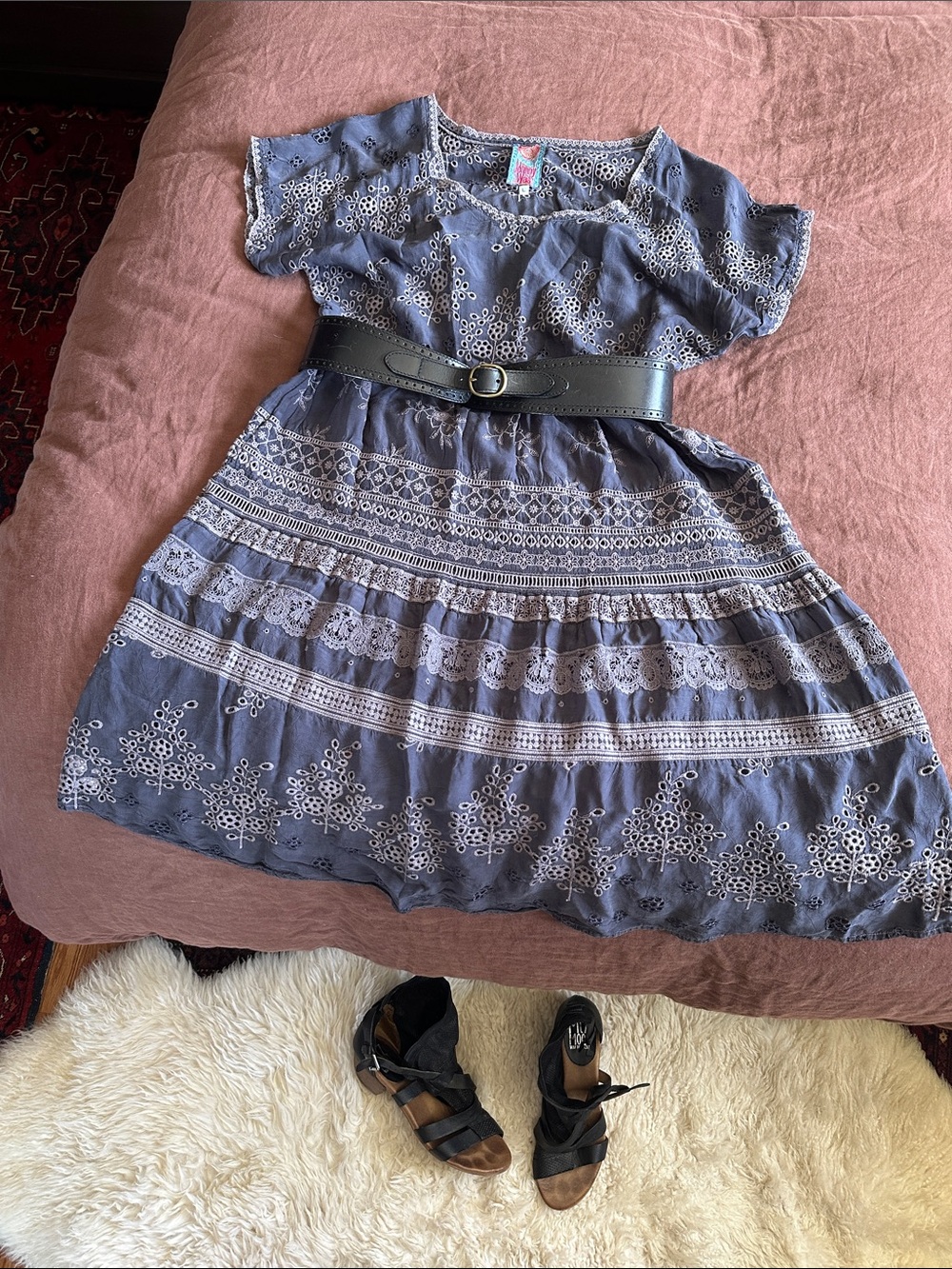 Johnny Was grey Embroidered Textured Eyelet Dress w lots of lovely details.